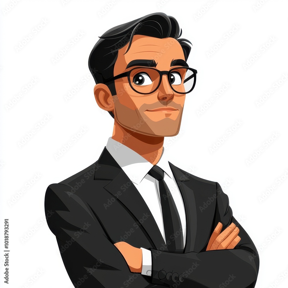 A confident businessman in a suit with glasses poses with arms crossed, showcasing professionalism and style against a plain background A confident businessman in a suit with glasses poses with arms crossed, showcasing professionalism and style against a plain background
