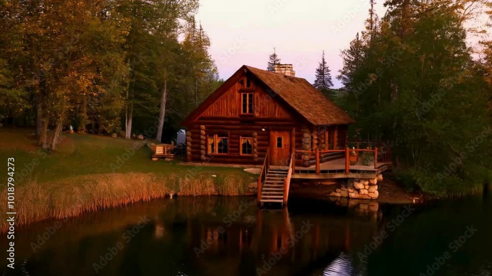 Wooden Cabin on a Lake with a Reflection at Sunset Wooden Cabin on a Lake with a Reflection at Sunset