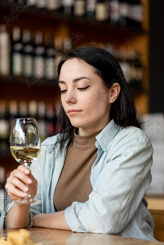 Brunette woman drinks white wine photo