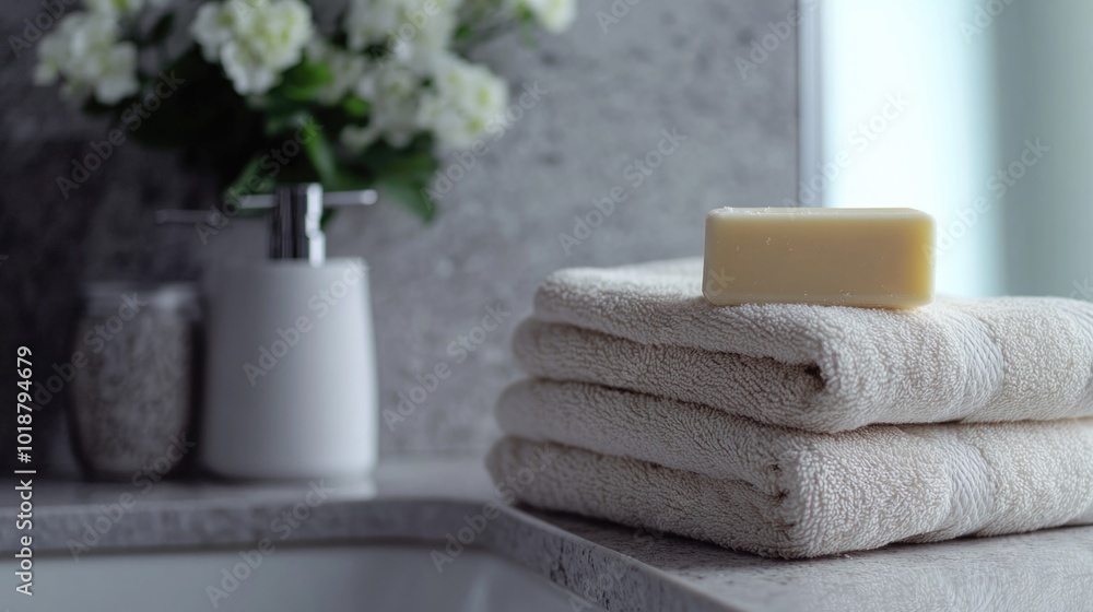 A stack of white towels sits on top of a counter, ready for use A stack of white towels sits on top of a counter, ready for use