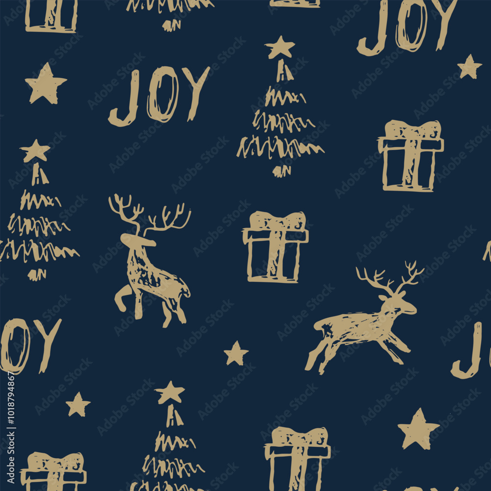 Navy joy christmas seamless pattern. Doodle deer, gift, christmas tree hand drawing style. Doodle vector golden and navy background.	