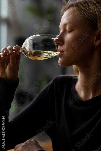 Woman drinks wine from glass photo