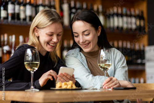 Smiling women looking photos from phone with glasses of wine photo