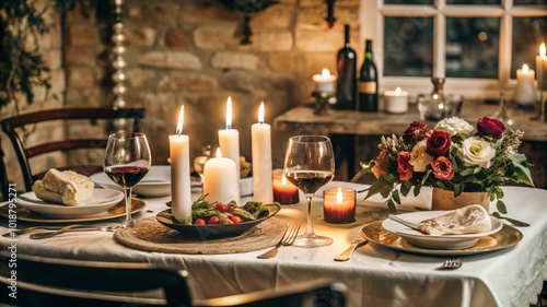 Intimate romantic dinner setting with candlelight, elegantly arranged table for two featuring fine dining dishes, wine glasses, and soft floral decor, creating a warm and inviting atmosphere for love 