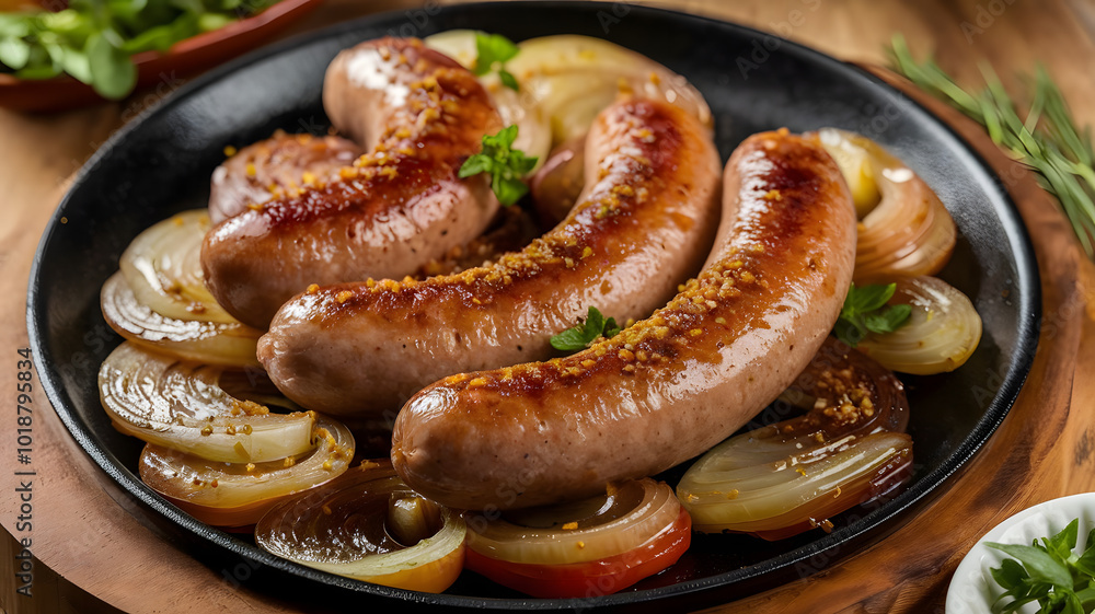 A sizzling plate of Baladi sausages served with caramelized onions and tomatoes. The browned, juicy sausages glisten with natural oils and are garnished with a sprinkle of sumac for a tangy finish.
A sizzling plate of Baladi sausages served with caramelized onions and tomatoes. The browned, juicy sausages glisten with natural oils and are garnished with a sprinkle of sumac for a tangy finish.