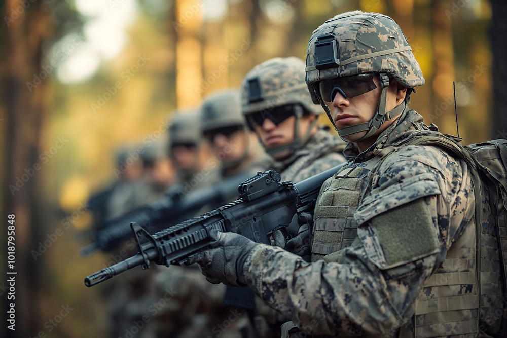 Group of soldiers with assault rifles in military uniform is ready for storm Group of soldiers with assault rifles in military uniform is ready for storm