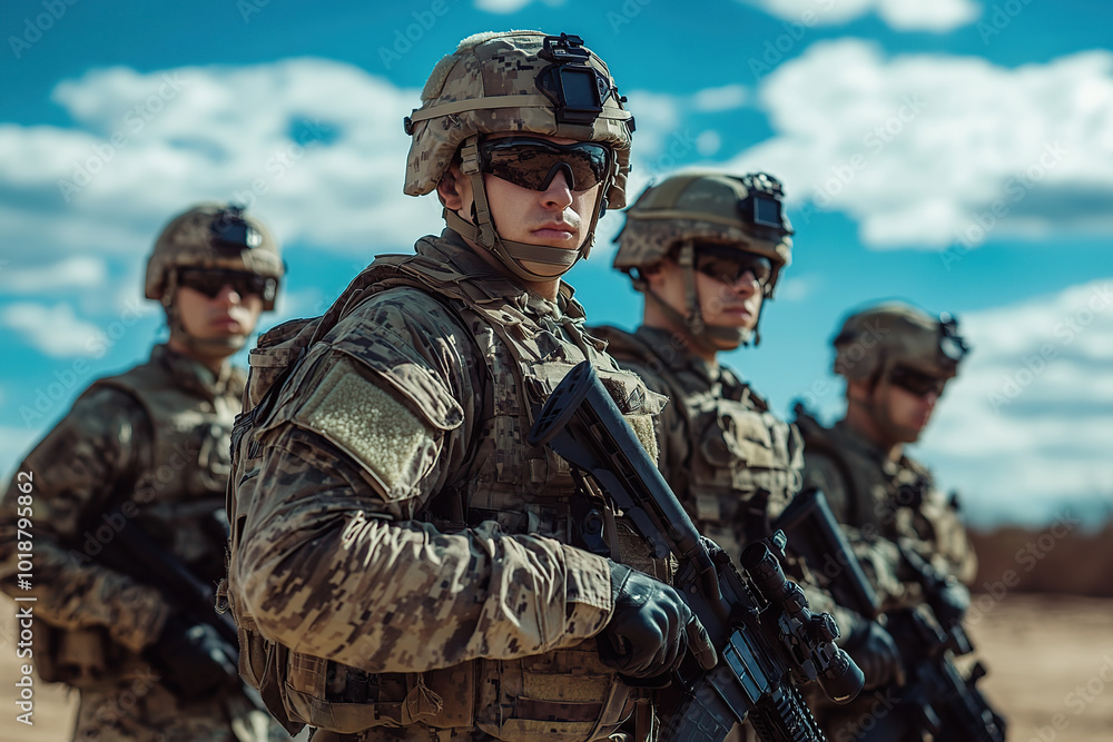 Fototapeta premium Group of soldiers with assault rifles in military uniform is ready for storm