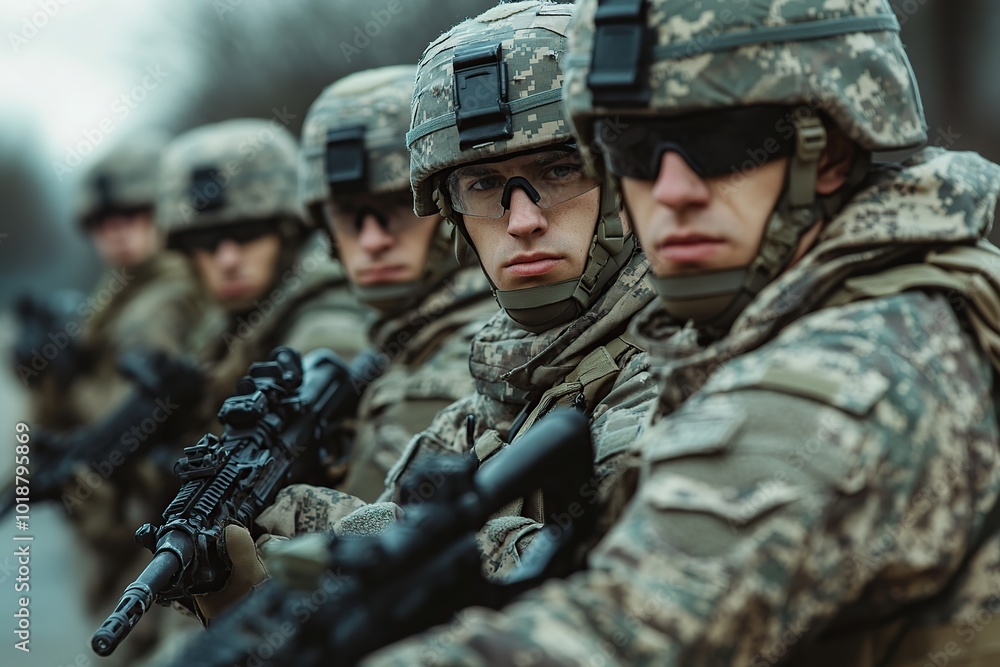 Group of soldiers with assault rifles in military uniform is ready for storm Group of soldiers with assault rifles in military uniform is ready for storm