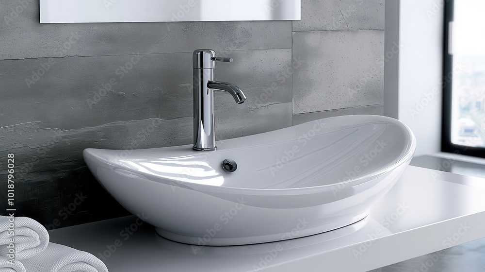 Fototapeta premium White ceramic sink and chrome faucet, round mirror on a wall, modern bathroom interior design