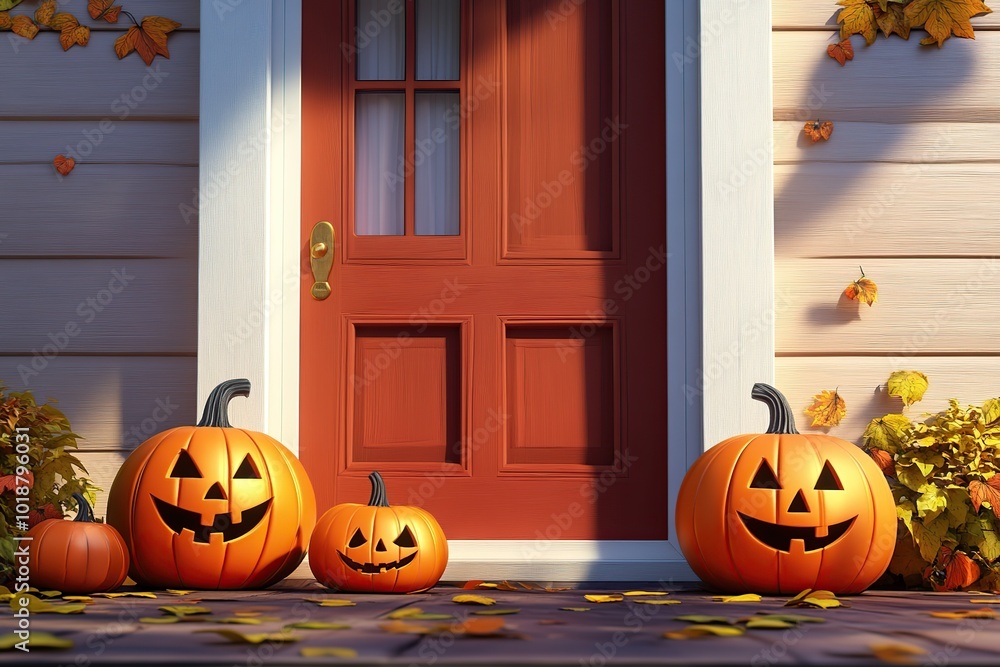 Fototapeta premium Illustration of entrance door of the house with decorations for Halloween and Thanksgiving day