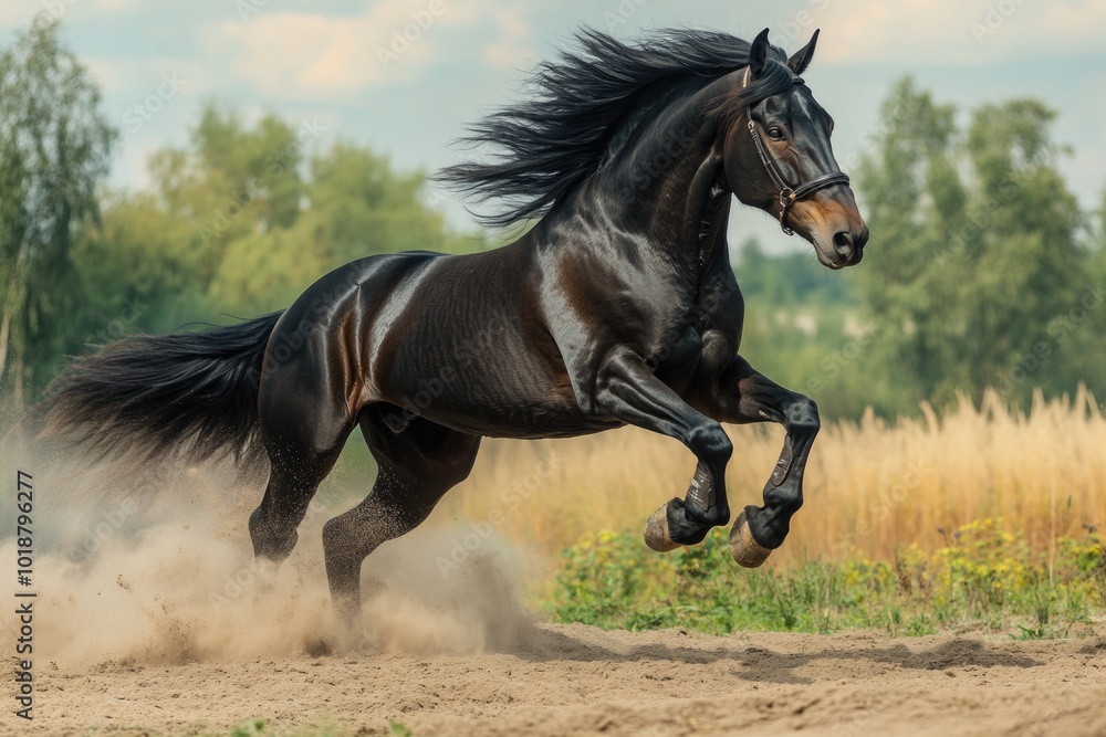 A black horse gallops across a dirt field, its mane and tail flowing in the wind A black horse gallops across a dirt field, its mane and tail flowing in the wind