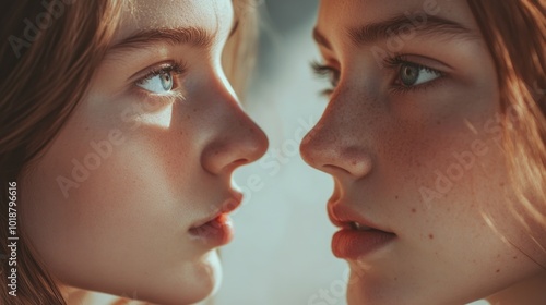 A close-up of two young women gazing into each other's eyes, suitable for friendship or relationship themes