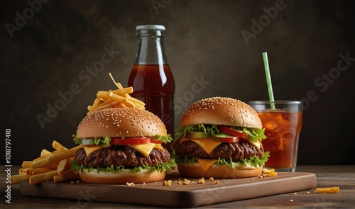 Two delicious crunch burgers, potato fries and cold drinks on a wooden tray