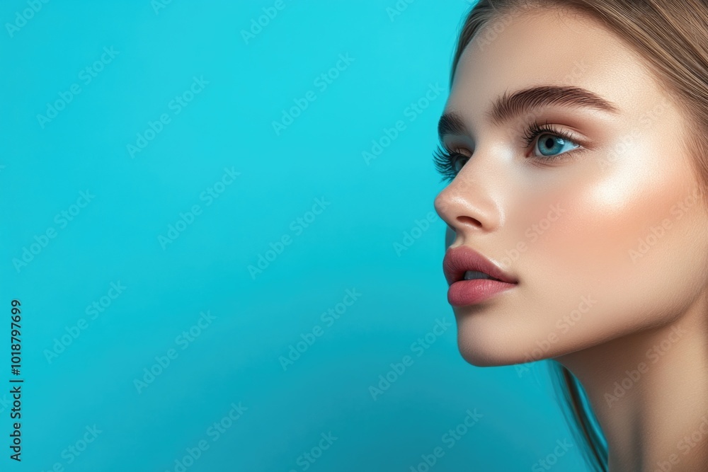 Naklejka premium A beautiful young woman posing against a bright blue background