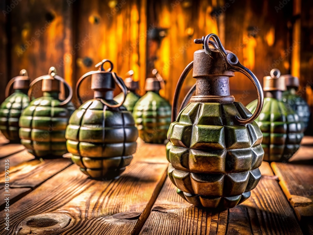 Obraz premium Historical World War 1 Grenades Displayed on Rustic Wooden Table for Military History Enthusiasts