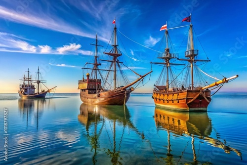 Wallpaper Mural Historical replica ships nina, pinta, and santa maria sailing on calm waters under clear blue sky Torontodigital.ca