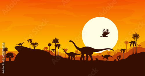 Prehistoric dinosaur silhouettes at sunset vector background. Jurassic nature landscape with dino animals, prehistoric jungle and setting sun. Arrhinoceratops, probactrosaurus, cetiosaurus dinosaurs