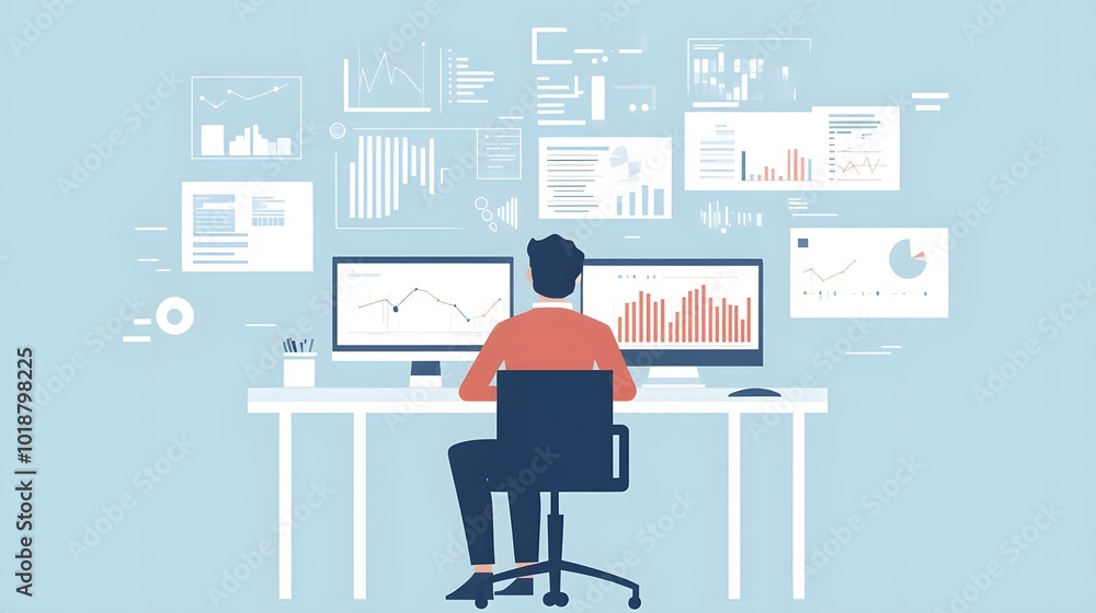 Flat vector illustration of an IT professional sitting at their desk, surrounded by data visualizations and graphs on the screen Flat vector illustration of an IT professional sitting at their desk, surrounded by data visualizations and graphs on the screen