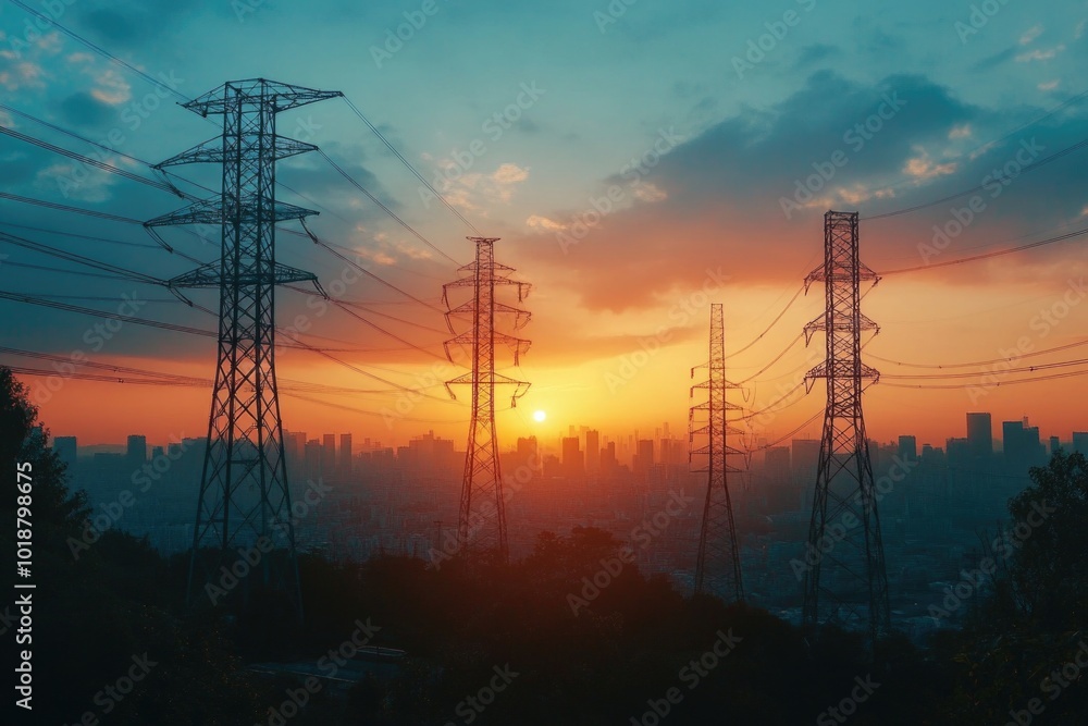 Fototapeta premium Power lines and buildings at sunset in a cityscape