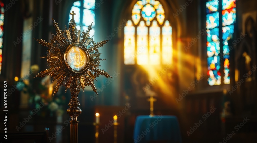 Obraz premium A golden sunburst shines through the vibrant stained glass windows of a beautiful church