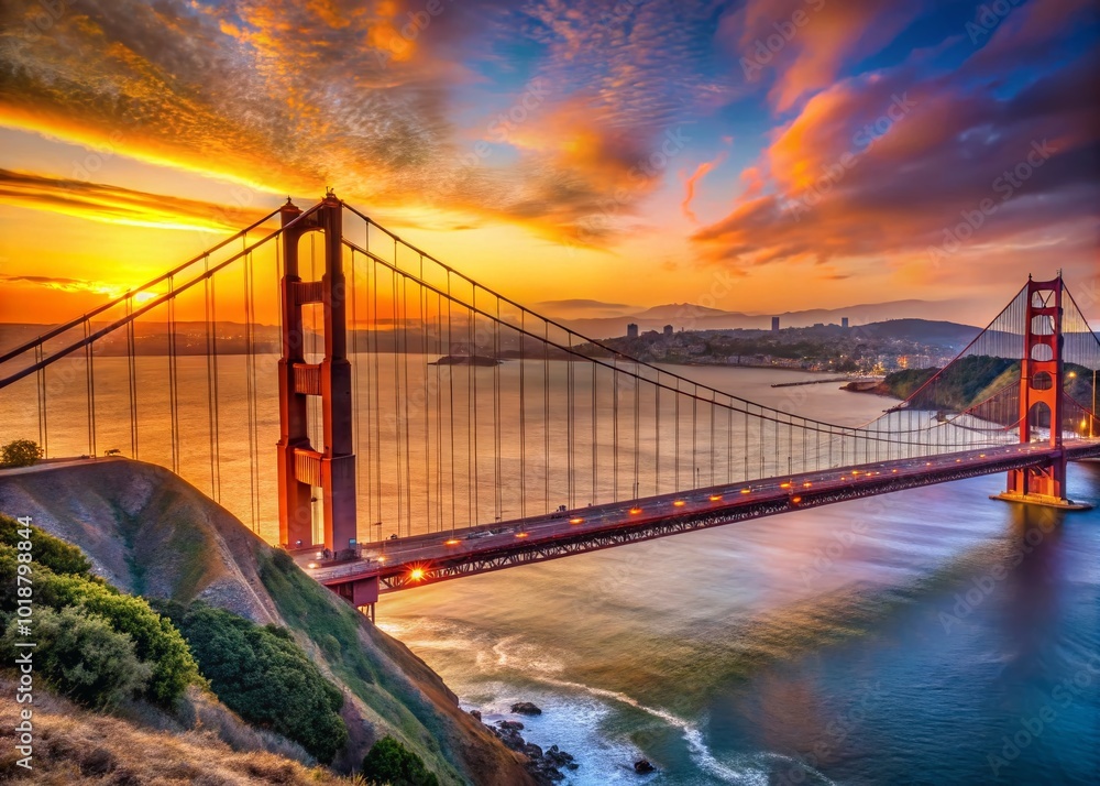 Fototapeta premium Iconic Golden Gate Bridge with San Francisco Skyline at Sunset, Vibrant Colors and Scenic Views