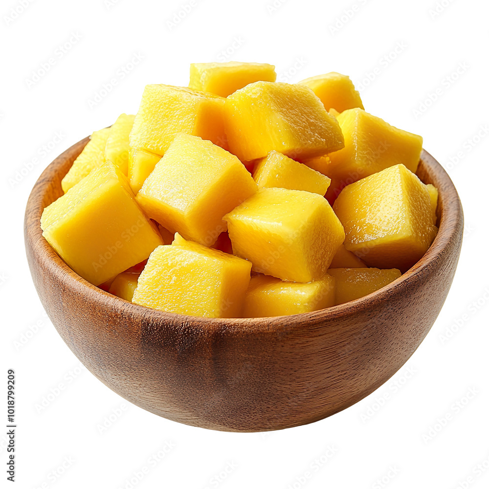 fresh mango cubes in a wooden bowl isolated on transparent background fresh mango cubes in a wooden bowl isolated on transparent background