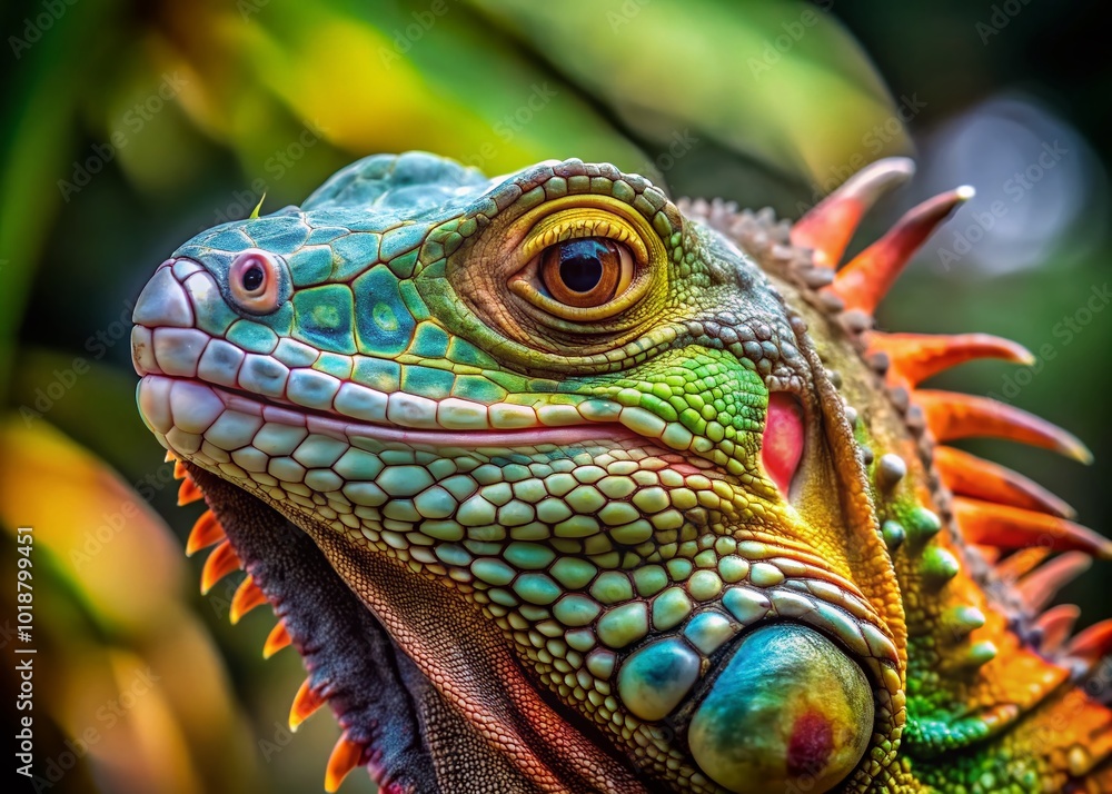 Fototapeta premium Iguana Head Bobbing in Natural Habitat with Vibrant Scales and Lively Expressions Captured Close-up