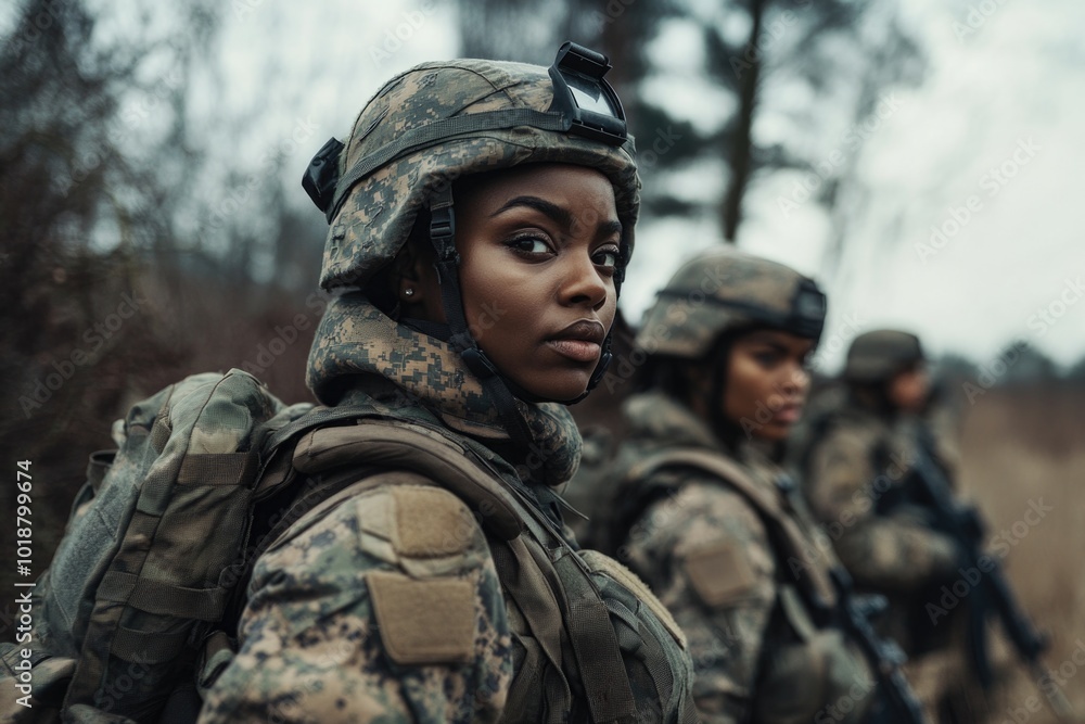 Fototapeta premium A group of women in uniform standing side by side, possibly military or police personnel