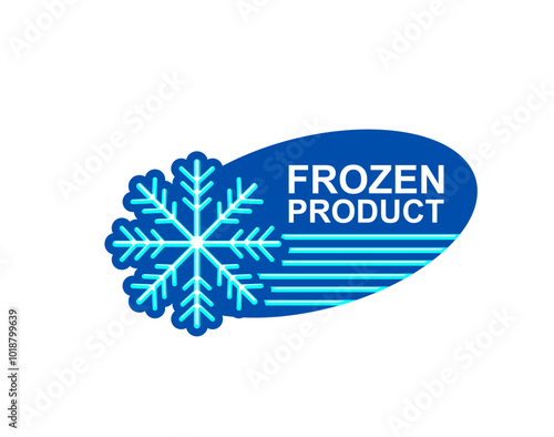Frozen seafood product icon, ice crystal label. Frozen food product keep cold label or tag, refrigerated meat of seafood or deep freezing fish packaging vector symbol or blue icon with snowflake