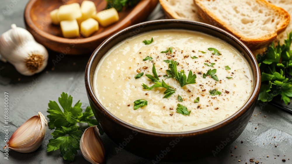Garlic soup on a bowl with parsel, nice presentation on table with ingredients Garlic soup on a bowl with parsel, nice presentation on table with ingredients