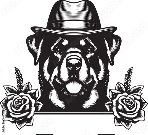 Rottweiler dog in hat with roses and usa flag black and white illustration