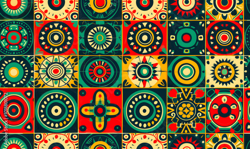 african tribal seamless geometric pattern with colorful shapes and intricate mandala designs