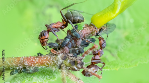 Probably Formica pratensis farming Wayfaring Tree Aphis lantanae on Viburnum lantana photo