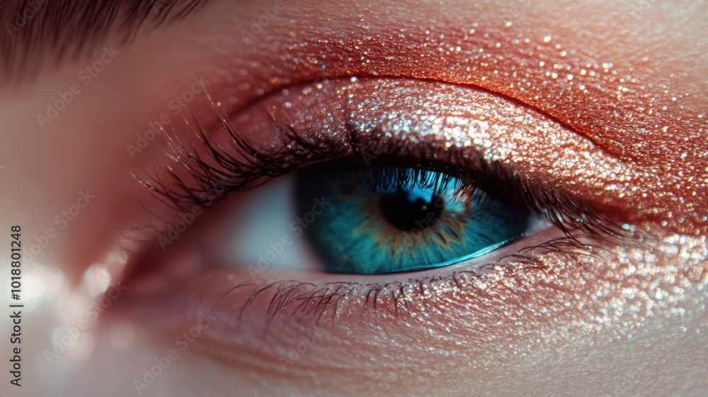 A close-up of a person's eye with glitter applied, suitable for cosmetic or fashion use A close-up of a person's eye with glitter applied, suitable for cosmetic or fashion use
