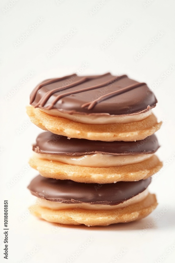 Freshly baked cookies covered in rich chocolate, arranged neatly on a white background Freshly baked cookies covered in rich chocolate, arranged neatly on a white background