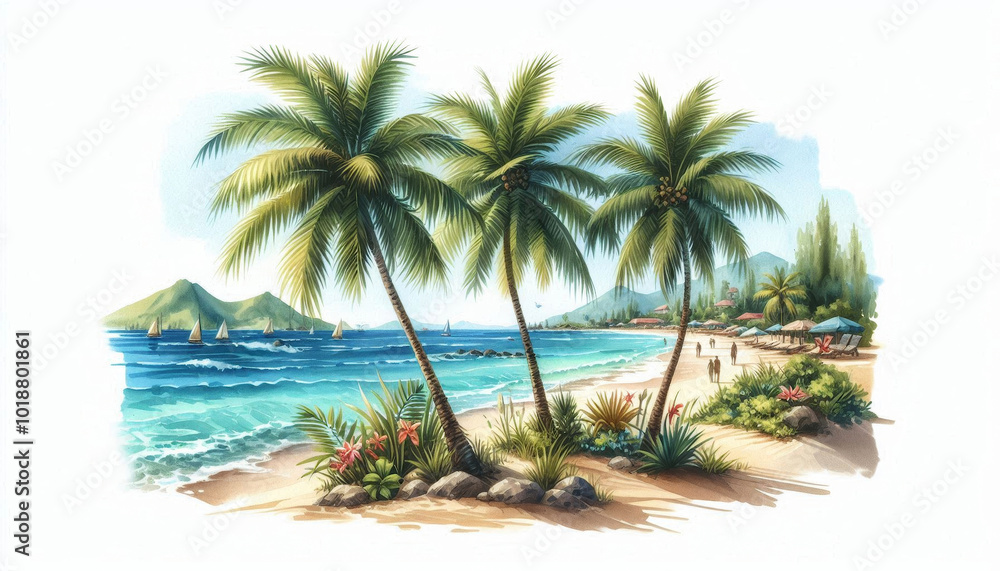 Fototapeta premium watercolor image of a summer sunny beach with palm trees