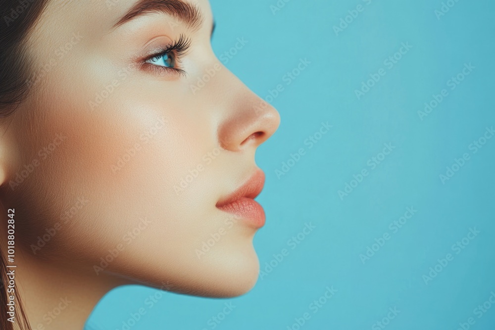A close-up shot of a woman's face against a blue background A close-up shot of a woman's face against a blue background