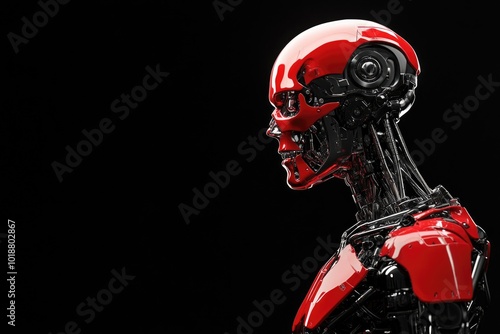 Close-up shot of a robot's head on a black background, ideal for technology and innovation illustrations