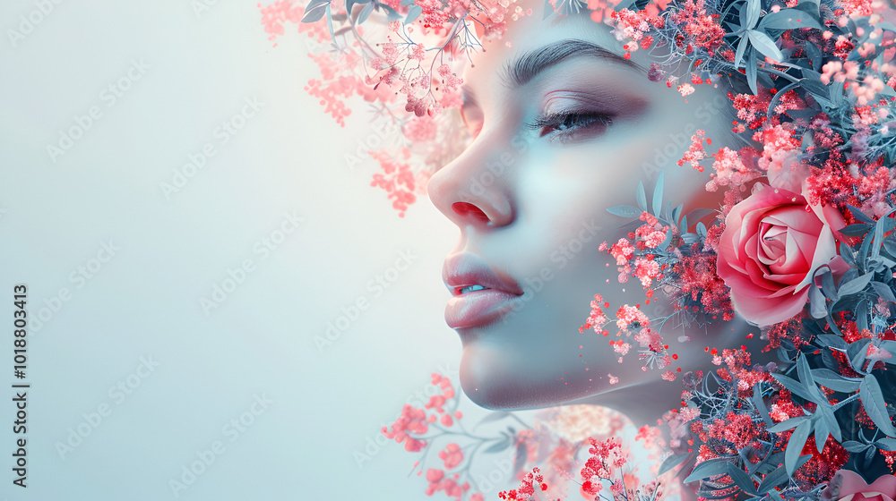 close up of a woman's face and flowers with an internation copy space close up of a woman's face and flowers with an internation copy space