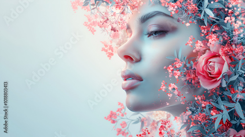 close up of a woman's face and flowers with an internation copy space  photo