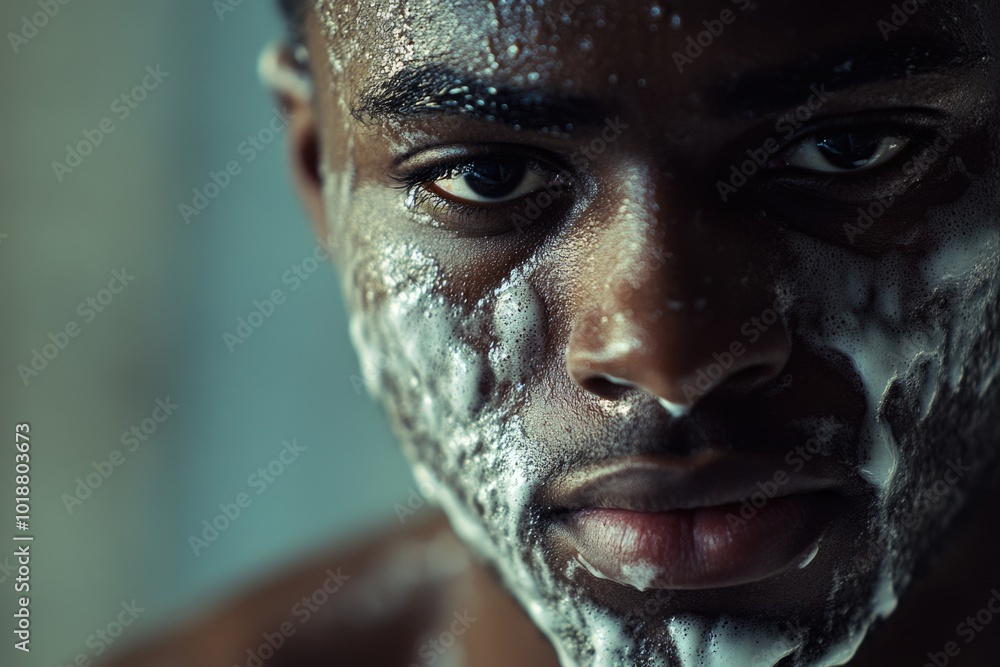 Close-up of a man shaving his face with soap and water, demonstrating personal grooming Close-up of a man shaving his face with soap and water, demonstrating personal grooming