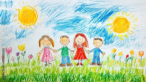 A joyful family scene captured in a colorful toddlera??s drawing, celebrating Father's Day and Mother's Day with love and creativity. photo