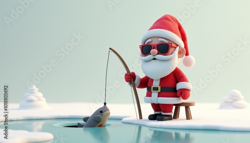 Funny and adorable Santa 3D. Sunglasses on, he’s fishing through the ice with a playful grin, sitting on a stool, waiting for that big catch. Holiday fun has never looked this cool! Winter wallpaper