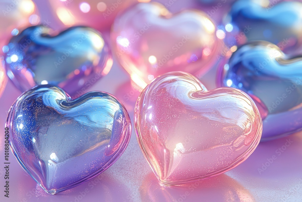 A Close-Up View of Pink and Blue Glass Hearts A Close-Up View of Pink and Blue Glass Hearts