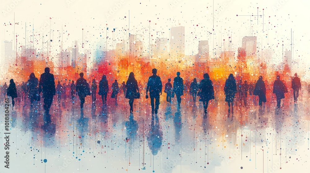 Obraz premium Abstract silhouette art of people walking through vibrant cityscape