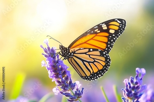 An orange and black Monarch butterfly with its iconic wings depicted in detail