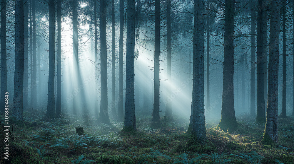A quiet morning in a dense foggy forest at sunrise nature background A quiet morning in a dense foggy forest at sunrise nature background