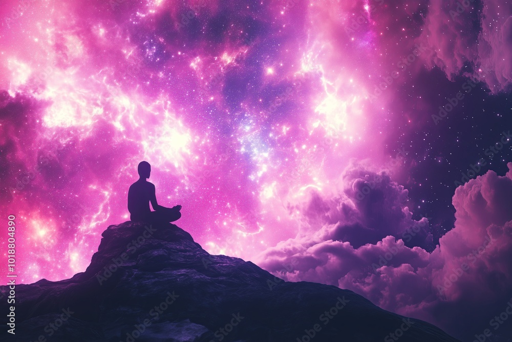 Silhouette of a meditating person on the background of the universe and cosmos. Meditative background, chakras, consciousness spirituality. Silhouette of a meditating person on the background of the universe and cosmos. Meditative background, chakras, consciousness spirituality.