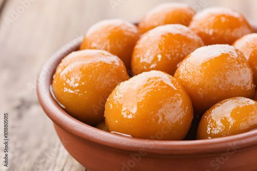 Gulab Jamun in a Bowl | Traditional Indian Sweet Soaked in Delicious Syrup photo