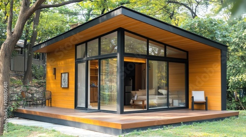 A small wooden cabin with glass doors and windows, perfect for outdoor retreats or cozy getaways